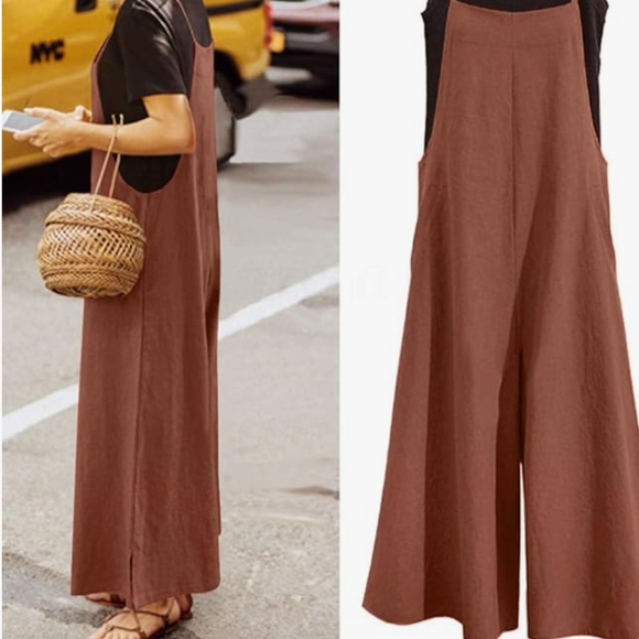 Pants - Wide Leg Ankle Length Cropped Brown Cotton Jumpsuit with Pockets